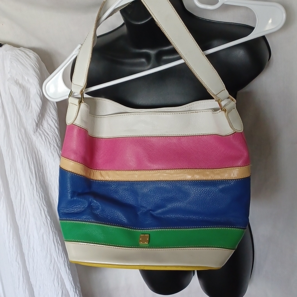 Liz Claiborne Statement Tote Purse, Leather, white/blue/pink/yellow/green